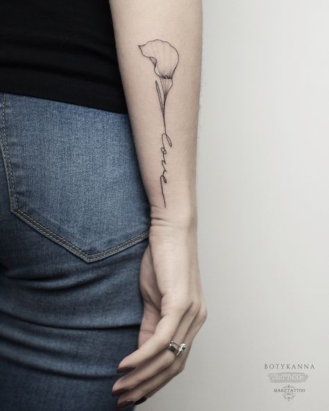 Calla Lily and Word Tattoo by Anna Botyk Calla Lily Spine Tattoo, Cala Lily Flower Tattoos, Calla Lily Flower Tattoos, Word Flower Stem Tattoo, Catalilly Flower Tattoo, Callililly Tattoo Calla Lilies, White Calla Lily Tattoo, Cali Lilly Tattoo, Cala Lily Tattoos