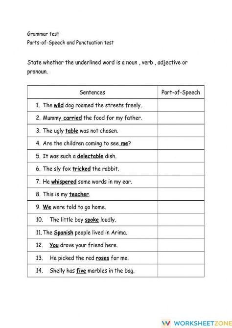 Parts Of Speech Test, Parts Of Speech Exercises, Parts Of Speech Worksheet, Speech Exercises, Parts Of Speech Sentences, Sentence Worksheet, Speech Worksheets, Class Worksheets, Part Of Speech Grammar