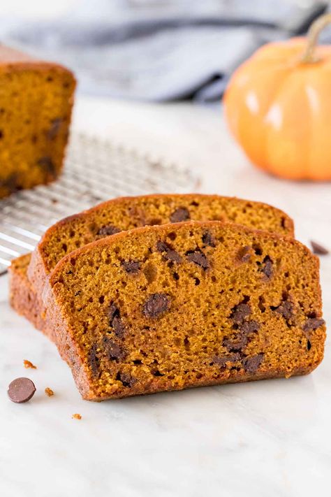 Pumpkin chocolate chip bread is the perfect fall treat. It's moist and tender, filled with warm spices, and dotted with chocolate chips. Make sure to add this recipe to your fall baking list #fall #pumpkin #chocolatechip #bread #loaf #pumpkinbread from Just So Tasty Pumpkin Zucchini Bread, Pumpkin Bread Recipe Healthy, Pumpkin Zucchini, Pumpkin Pie Spice Recipe, Healthy Pumpkin Bread, Completely Delicious, Pie Spice Recipe, Bread Healthy, Homemade Truffles