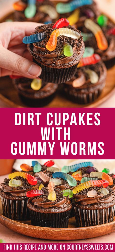 Mud Cupcakes With Worms, Dirt N Worms Cupcakes, Gummy Worm Dirt Cupcakes, Dirt And Worm Cupcakes, Worms In Dirt Cupcakes, Dirt And Worms Birthday Party, Worms And Dirt Cupcakes, Gummy Worm Cupcakes, Dirt Worm Cupcakes