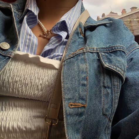 photo of top half of outfit with blue striped shirt, white shirted tube top and denim jacket Denim Shirt Layering Outfit, Layered Tube Top Outfit, Tube Top Layered Outfit, Layer Outfits Summer, Tank Top Layered Over Shirt, How To Layer Outfits, Shirt Layering Outfit, Layer Outfits, Tube Top Outfit