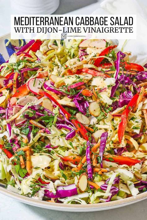 Cabbage salad recipe with parsley, dill, carrots, bell pepper, radish, and Dijon-Lime Vinaigrette. This crunchy cabbage salad keeps for days! Recipe With Parsley, Crunchy Cabbage Salad, Mediterranean Salads, Dill Carrots, Recipes Meatless, Cabbage Salad Recipe, Med Diet, Cabbage Salad Recipes, The Mediterranean Dish