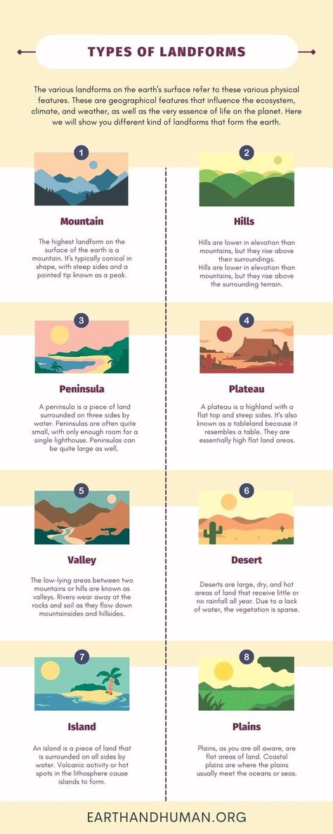 Types of Landforms Land Forms Worksheet, Types Of Landforms Project, Land Forms Projects Ideas, Landforms Model Projects, Landforms Anchor Chart, Geography Infographic, Geography Landforms, Different Landforms, Types Of Landforms