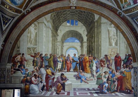 RENAISSANCE- Raphael, School of Athens this painting symbolizes what the renaissance was, a combining of minds and philosophies from the past and present.  It is also a prime example of R.'s use of the grid to balance his work. School Of Athens, Istoria Artei, Vatican Museums, Sistine Chapel, Italian Painters, Arts Ed, Ap Art, 그림 그리기, Art And Architecture