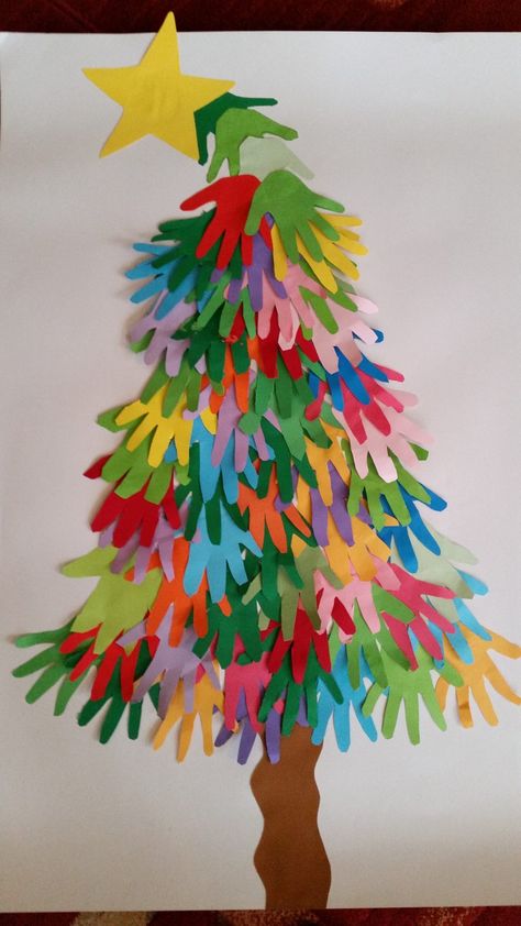 Handprint Christmas Tree | TeachersMag.com Hand Print Xmas Tree, Hand Print Christmas Tree Craft, Handprint Tree Christmas, Christmas Tree With Handprints, Handprint Trees Preschool, Christmas Tree Hands, Handprint Christmas Tree Craft, Christmas Tree In Classroom, Hand Tree Craft For Kids