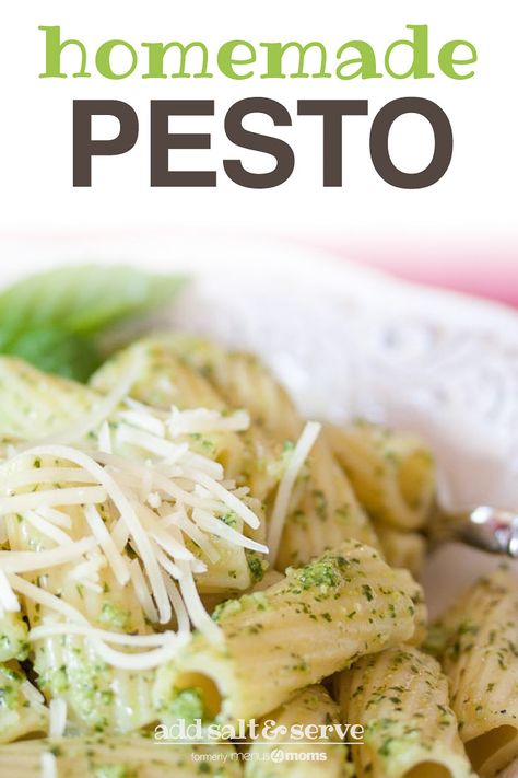 Homemade pesto is easy to make and can be ready in the time it takes pasta to boil. #addsaltandserve #menus4moms #hottomakehomemadepesto #homemadepesto #pesto #bestpestorecipe #easiestpestorecipe #freezerpesto Baked Ziti Crockpot, Crock Pot Ziti, Best Pesto Recipe, Homemade Pesto Recipe, Make Pesto, Easy To Cook Meals, Easy Pasta Dishes, How To Make Pesto, Homemade Pesto