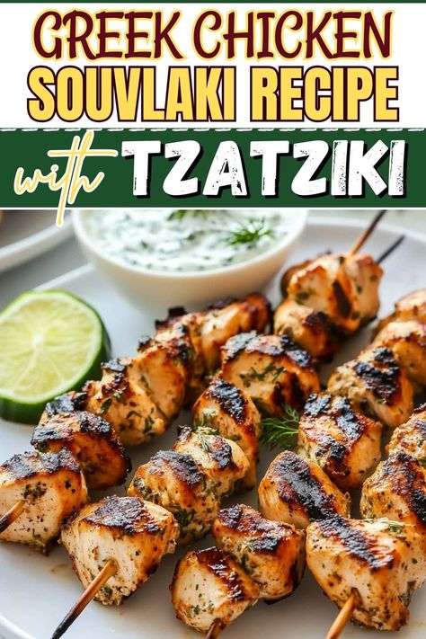 Chicken And Tzatziki Recipes, Greek Chicken Dinner Recipes, Taziki Chicken Recipes, Greek Chicken Seasoning, Greek Chicken Dinner, Greek Food Party, Greek Chicken Souvlaki Recipe, Greek Style Chicken, Tzatziki Chicken