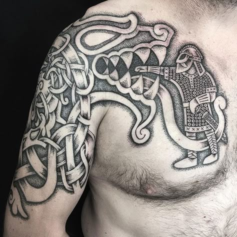 Norse God Tyr In All His War Finery Sacrificing His Sword Hand To The Great Wolf Fenrir, Son Of Loki Tattoos Viking, Viking Tattoos For Men, Traditional Viking Tattoos, Fenrir Tattoo, Norse Tattoos, Scandinavian Tattoo, Viking Tattoo Sleeve, Places To Get Tattoos, Engraving Tattoo