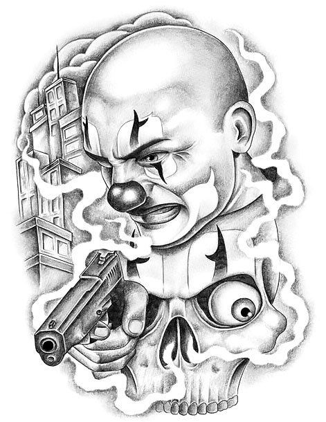 Awesome Chicano clown with the pistol. Design for man's sleeve. Style: Chicano. Color: Gray. Tags: Cool, Crazy, Awesome Boog Tattoo, Traditional Chicano Tattoos, Prison Drawings, Evil Clown Tattoos, Gangster Clown, Art Chicano, Abc Font, Mexican Tattoo, California Tattoo