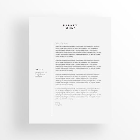 "Elegantly strike your final pitch to hiring managers with this super minimal cover letter template. The clean design is professional and practical, with the goal intention of keeping your name at the top of the pile.  INCLUDED IN ORDER US Letter 8.5\" x 11\" Cover Letter Template (Microsoft Word + Mac Pages + Google Docs + InDesign) A4 8.3\" x 11.7\" Cover Letter Template (Microsoft Word + Mac Pages + Google Docs) Font File **Used for Name Header (optional) FREE OPEN SANS FONT DOWNLOAD (optiona Modern Cover Letter, Simple Document Design, Fashion Cover Letter, Architecture Cover Letter, Minimalist Document Design, Minimalist Letterhead Design, Cover Letter Graphic Design, Graphic Designer Cover Letter, Business Document Design