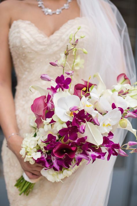 Purple and White Orchid and Calla Lilly Bouquet Purple And White Lily Bouquet, Cattleya Orchid Bouquet, Calla Lily And Orchid Bouquet, Orchids Bouquet, Lilly Bouquet Wedding, Purple Orchid Bouquet, Calla Lillies Bouquet, White Lily Bouquet, Purple Lily