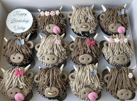 Cow Birthday Cupcakes, Highland Cow Cupcakes, Highland Cow Birthday, Cow Birthday Cake, Cow Cupcakes, Cow Cup, Cowboy Themed Birthday Party, Farm Animal Cupcakes, Cupcake Business