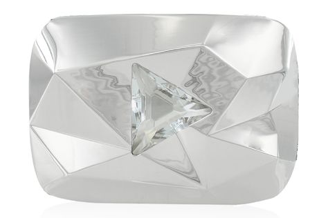 Prestigious Diamond Play Button Faceted Trophy In Brilliantly Polished Metal With Crystal Logo Detail. Diamond Play Button, Play Button, Crystal Logo, Silver