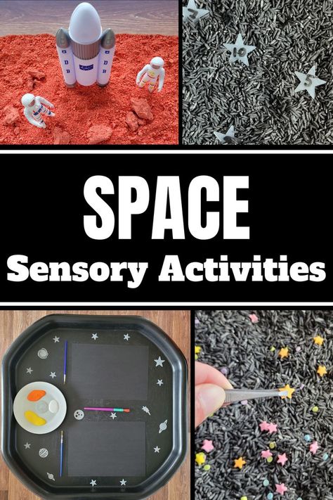 Pin text reads, space sensory activities and shows images of 4 space theme sensory play ideas. Sensory Bin Space Theme, Space Activities Tuff Tray, Space Themed Sensory Bin, Space Theme Crafts Preschool, Space Theme Sensory, Space Sensory Activities, Outer Space Preschool Activities, Space Theme Preschool Activities, Space Themed Games