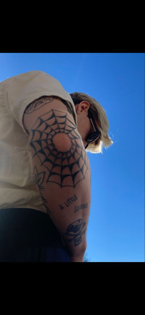 Spiderweb With Eye Tattoo, Spider Web Tattoo Shaded, Web Elbow Tattoo Traditional, Spiderweb Arm Tattoo, Spiderweb Tattoo On Elbow, Spider Net Tattoo Elbow, Spider Web Tattoo Men, Spiderweb Elbow Tattoo Traditional, Elbow Tattoo Web