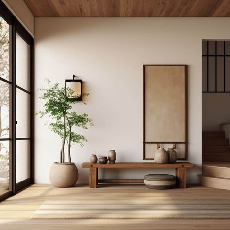 How to Design a Japandi Entryway | 15 Example Ideas Japandi Entryway, Japanese Entryway, Japandi House, Minimalist Entryway, Foyer Ideas Entryway, Entryway Modern, Long Console, Entryway Design, Japanese Style House