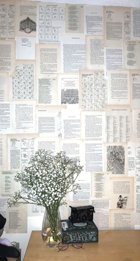 Wall Art With Book Pages, Wall Art Book Pages, Book Page Wallpaper Bedroom, Book Quote Wall Bedroom, Literature Room Decor, Wall Covered In Book Pages, Book Page Accent Wall, Book Themed Room Bedrooms, Book Page Wallpaper Diy