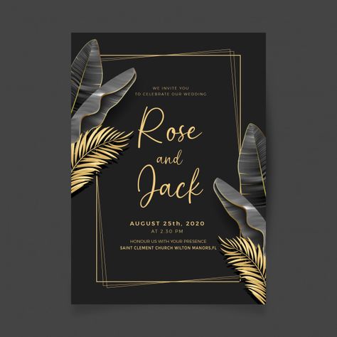 Royal black and golden wedding invitatio... | Premium Vector #Freepik #vector Unique Invitation Card, Gold Wedding Stationery, Engagement Invitation Cards, Watercolor Floral Invitation, Leaf Invitations, Retro Wedding Invitations, Engagement Invitation Template, Floral Wedding Invitation Card, Black Wedding Invitations