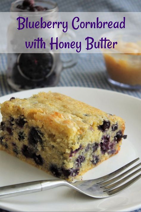 A square of cornbread filled with blueberries on a white plate with a small container of honey butter behind it. Cornbread With Honey Butter, Cornbread With Honey, Trial Room, Blueberry Cornbread, Cornbread Recipe Sweet, Easy Blueberry, Corn Bread Recipe, Blueberry Recipes, Frozen Blueberries