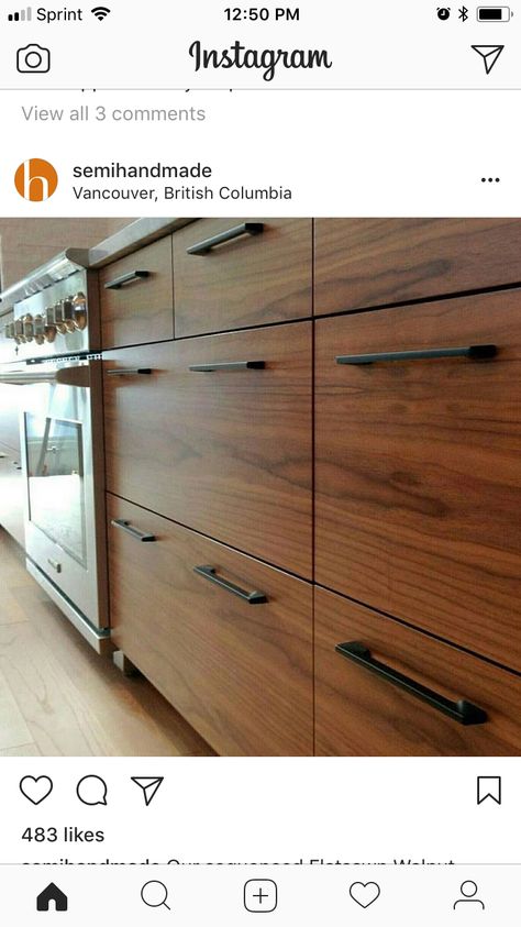 Are our local Mennonite cabinet makers able to make walnut fronts like these (along with cut out holes for handles) for IKEA cabinet? Slab Cabinets Kitchen, Flat Front Kitchen Cabinets, Flat Cabinet Doors, Slab Kitchen Cabinets, Cabinet Stain, Slab Cabinet Doors, Flat Front Cabinets, Flat Cabinets, Slab Cabinets