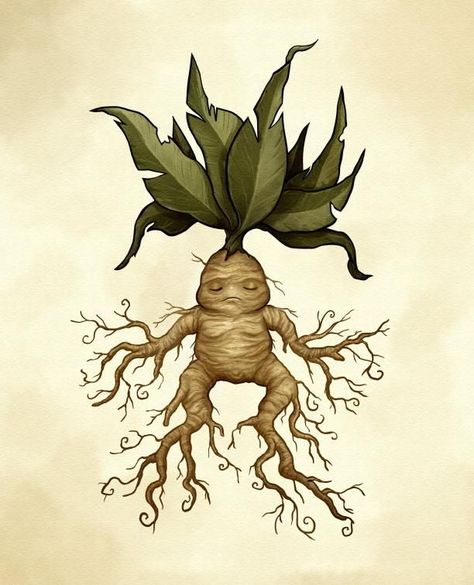 Mandrake, or Mandragora, is a powerful restorative. It is used to turn people who have been transfigured or cursed to their original state. The cry of the Mandrake is fatal to anyone who hears it.A Mandrake, is a magical and sentient plant which has a root that looks like a human (like a baby when the plant is young, but maturing as the plant grows). When matured, its cry can be fatal to any person who hears it. Harry Potter Mandrake, Harry Potter Art Drawings, Harry Potter Tattoos, Nature Art Prints, Harry Potter Drawings, Mythological Creatures, Mystical Creatures, Harry Potter Art, Magical Creatures