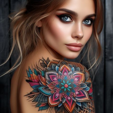 Feminine Tattoos In a world where societal norms and media influences have long dictated unrealistic beauty standards, women are increasingly turning to Back Mandala Tattoo For Women, Colorful Shoulder Tattoo, Mandala Shoulder Tattoo, Bright Colorful Tattoos, Colorful Mandala Tattoo, Coolest Tattoos, Coverup Ideas, Colorful Owl Tattoo, Mandala Tattoos For Women