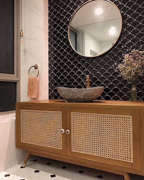 Second Charm on Instagram: “Our rattan vanity in Angeline and Albert’s lovely bathroom ✨ so many textures to take in” Rattan Vanity Bathroom, Cane Vanity, Rattan Bathroom Vanity, Boho Bathroom Vanity, Record Player Decor, Rattan Vanity, Rattan Bathroom, Wash Basin Cabinet, Boho Style Bathroom