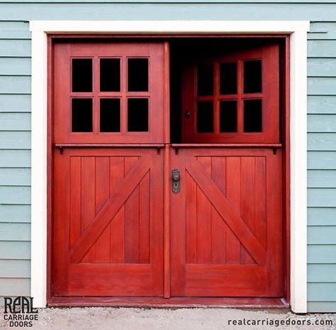 Log Cabin Front Door, Dutch Barn Door, Porches Ideas, Dutch Doors Exterior, Grey Front Doors, Double Door Entryway, Dutch Doors, Red Front Door, Double Dutch