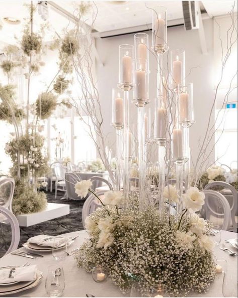 Chandelier Wedding Centerpiece, Clear Candelabra Centerpiece, Modern Candelabra Centerpiece, Candlebra Decor Ideas, Tall White Centerpieces Wedding, White And Blue Wedding Reception, Candlebra Centerpiece, White Wedding Centrepiece, Large Wedding Centerpieces