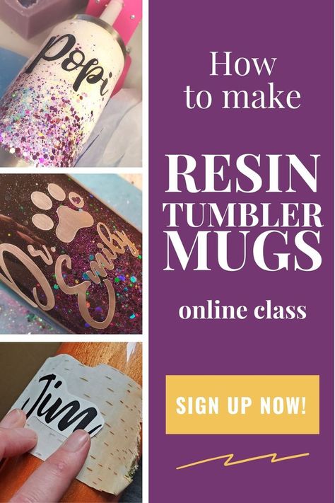 How to Make Resin Tumbler Mugs / DIY Glitter Mugs. Sign up for this online class and learn everything you'll need to learn to make beautiful custom DIY resin tumbler mugs. Also learn how to do printed decals, and work with mica powder colors too! Perfect for making DIY Christmas Gifts for friends and family, to sell, or just make to pamper yourself! <3 Bonus waste minimizing tutorial for DIY silicone molds included, so you can use your extra resin to make ladybugs, fairy doors and more! Diy Resin Tumbler, Resin Mugs, Diy Christmas Gifts For Friends, Mugs Diy, Tutorial Class, How To Make Resin, Handmade Mugs, Resin Tumblers, Diy Silicone