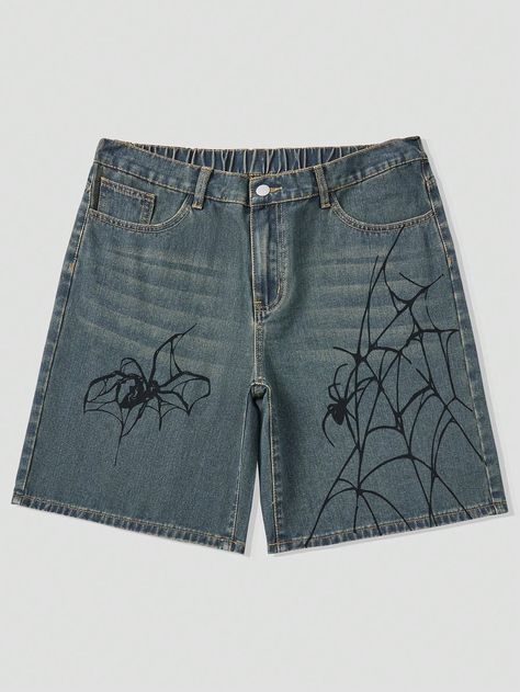 Men's Spider Printed Denim Shorts, Y2K Fashion, School Bronze    Denim Animal,Geometric,Halloween Bermuda Non-Stretch  Men Clothing, size features are:Bust: ,Length: ,Sleeve Length: Emo Men’s Clothes, Y2k Clothing Men, Men’s Y2k, Ropa Y2k Hombre, Denim Shorts Y2k, Skater Fits, Mens Grunge, Goth Shorts, Grunge Shorts