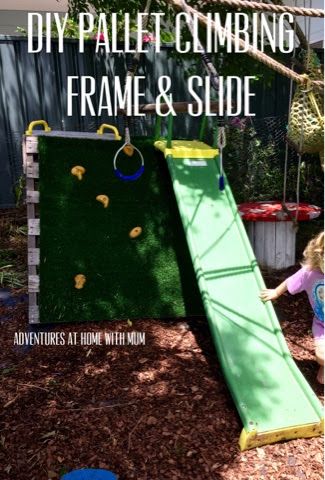 Adventures at home with Mum: DIY Pallet Rockwall Climbing Frame & Slide Kids Garden Toys, Mum Diy, Diy Climbing Wall, Climbing Wall Kids, Outdoor Toy Storage, Outdoor Kids Play Area, Outside Play, Kids Outdoor Play, Outdoor Play Area