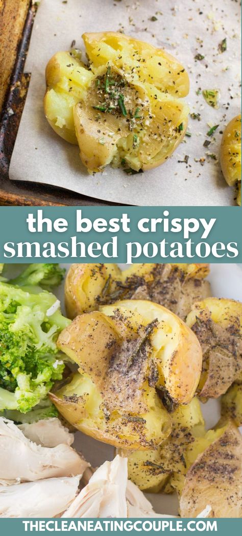 The Best Crispy Smashed Potatoes recipe is the perfect easy side dish to any healthy dinner. These potatoes are paleo, vegan, Whole30 friendly and easy to make. Baked in the oven until they're crispy on the outside + soft on the inside, everyone at your table will love these! I like to use fresh herbs, but you can add parmesan too! Whole 30 Smashed Potatoes, Clean Eating Side Dishes, Healthy Potato, Sweet Potato Dishes, Smashed Potatoes Recipe, Crispy Smashed Potatoes, Easy Whole 30 Recipes, Healthy Potato Recipes, Sheet Pan Dinners Recipes