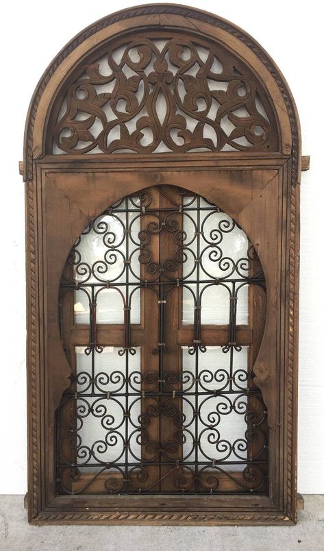 "Great architectural unique moorish window - Comes with wrought iron filigree - Comes with orange stained glass - Made in Morocco Unique window that you cant find in other stores, great add to any place Measures 56\"x30\"x3\" Shipping will apply" Hacienda Style Kitchen, Moroccan Window, Moroccan Garden, Spanish Home Decor, Moorish Architecture, Moorish Design, Main Entrance Door Design, Window Wall Decor, Wood Gate