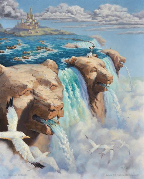 oil painting of bear head waterfalls by christine mitzuk 16 by 20 Portfolio Pieces, Fantasy World Map, Bear Head, Castle In The Sky, Fantasy City, Fantasy Setting, Fantasy Art Landscapes, Fantasy Concept Art, Art And Illustration