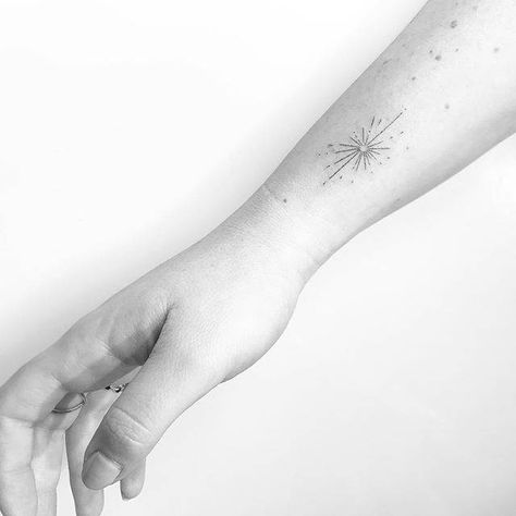 Starburst tattoo. Small Starburst Tattoo, Fine Line Firework Tattoo, Light Burst Tattoo, Minimalist Firework Tattoo, Dainty Firework Tattoo, Starburst Tattoo Stars, Starburst Tattoo Designs, Sunbeam Tattoo, Starburst Tattoo