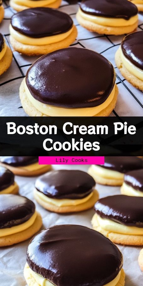 Boston Cream Pie Cookies Recipe – Decadent Dessert Delight Indulge your sweet tooth with these Boston Cream Pie Cookies! Soft vanilla cookies are filled with rich pastry cream and topped with luscious chocolate ganache. Perfect for any occasion, this easy-to-follow recipe will satisfy both cookie and cream pie lovers alike. Prepare them in just one hour and enjoy a delightful homemade treat! #BostonCreamPie #CookieRecipes #DessertLover Boston Creme Pie Cookies, Boston Crème Pie Cookie Bites, Boston Cream Cookie Bites, Cookie Filling Ideas, Boston Cream Filling Recipe, Boston Cream Pie Cookies, Cream Cookies Recipes, Cookies And Cream Pie, Boston Cream Pie Cookie Bites