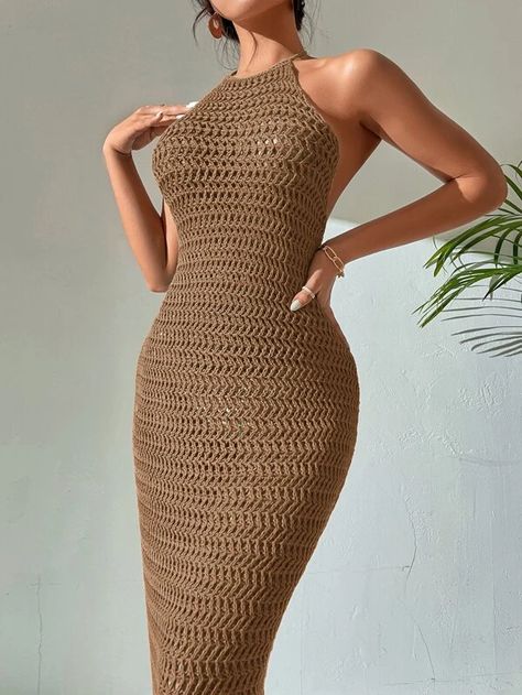 SHEIN VCAY Crochet Backless Halter Neck Bodycon Dress | SHEIN USA Crochet Party Dress, Brown Crochet Dress, Sweater Bodycon Dress, Halter Neck Bodycon Dress, Yarn Dress, Crochet Halter Dress, Crochet Cami, Crochet Bodycon Dresses, Knitting Clothes