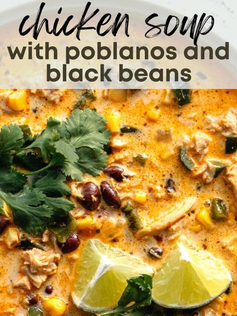 Creamy Black Bean Soup, Chicken Poblano Soup Recipe, Poblano Chicken Soup, Creamy Chicken Poblano Soup Crockpot, Small Batch Soup, Poblano Soup Creamy, Chicken Corn Poblano Soup, Creamy Poblano Chicken Rellenos Soup, Creamy Chicken Poblano Soup