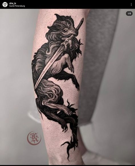 Fenrir Tattoo, Gotik Tattoo, Medieval Tattoo, Sick Tattoo, Scary Tattoos, Wolf Tattoo Design, Fox Tattoo, Wolf Tattoos, Wolf Tattoo