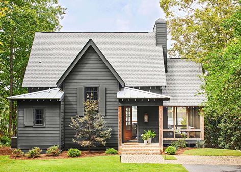 River Cottage Exterior Colors, Lake Cottage Addition, Mountain Cottage Exterior Paint Colors, Alabama Lake House, Grey Lake House Exterior, Shingle Style Lake House, Lake House Bungalow, Lake Cottage Exterior Colors, Adirondack House Exterior