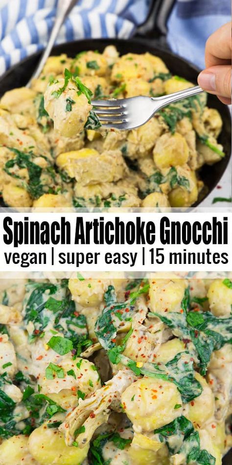 Artichoke Gnocchi, Gnocchi Dishes, Vegan Pasta Dish, Vegan Spinach, Artichoke Recipes, Vegan Pasta Recipes, Gnocchi Recipes, Vegan Main Dishes, Creamy Spinach