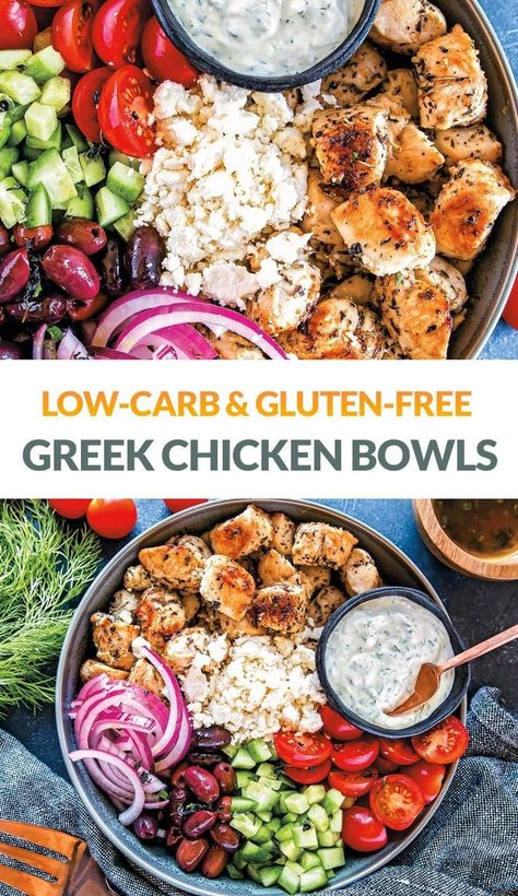 Skillet Grilled Chicken, Tzatziki Dressing, Cast Iron Keto, Greek Chicken Bowls, Chicken Salad Bowls, Lunch At Home, Mediterranean Diet Recipes Dinners, Greek Chicken Salad, Chicken Bowls