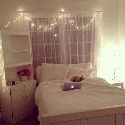 fairy lights bedroom Bedroom, Tumblr, Furniture, Bed, White