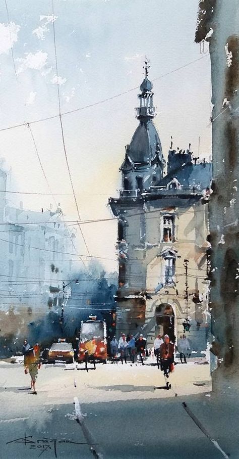 Corneliu Dragan-Targoviste Thomas Schaller, Peisaj Urban, Black Canvas Paintings, Watercolor City, Watercolor Architecture, People Walking, Architecture Drawing Art, Watercolour Inspiration, Seni Cat Air