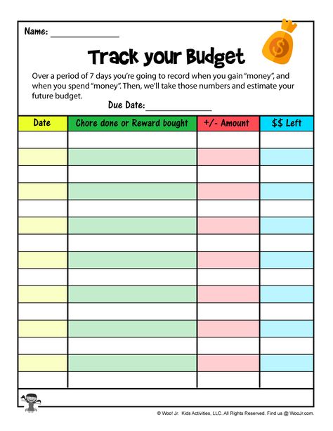 Budget-Tracker-for-Kids | Woo! Jr. Kids Activities Kids Budget Worksheet, Family Therapy Worksheets, Printable Budget Sheets, Reward System For Kids, Money Management Activities, Kids Budget, Budget Planners, Counseling Worksheets, Student Budget