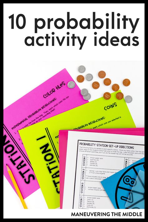 Do you need any low-prep activities for teaching probability? Make math more engaging with  these 10 probability activity ideas. | maneuveringthemiddle.com Probability Math Project, Probability Math Activities, Teaching Probability, Probability Lessons, Probability Games, Probability Activities, Simple Probability, Theoretical Probability, Probability Math