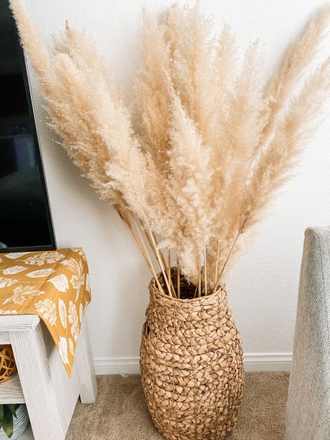 How To Dry Pompous, How To Dry Out Pampas, Papas Grass Decor, Pompus Grass Fall Decor, How To Dry Pampas Grass Plumes, Diy Pampas Grass Decor, Office Boho, Tall Basket, Woven Vase