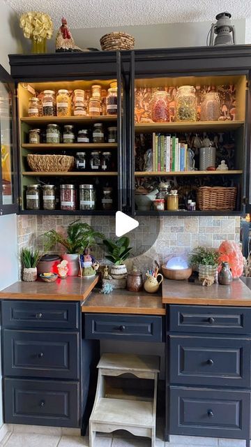 Step into my enchanted apothecary transformation! Witness how I've turned my china cabinet into a sacred space for herbal medicine, infusing it with magic and intention. Let this journey inspire you to create your own sacred sanctuary, where the power of nature's remedies can flourish. 🌿✨ #Apothecary #HerbalMedicine #SacredSpace #Transformation Wall Apothecary Cabinet, Herbal Medicine Cabinet Aesthetic, Basement Apothecary, Home Apothecary Storage, Herbal Apothecary Cabinet, Apothecary Kitchen Cabinets, Apothecary Kitchen Decor Ideas, Apothecary Decor Ideas, Unfitted Kitchens