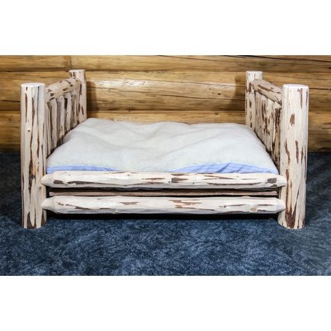 log pet bed Rustic Dog Beds, Log Bed, Elevated Dog Bed, Barnwood Furniture, Pet Couches, Log Cabin Decor, Cool Dog Beds, Log Furniture, Dog Bed Large